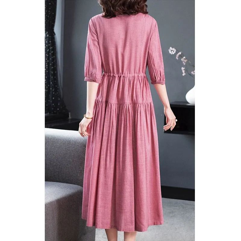 Women's Vintage Lace Up Button Cotton Dress Spring Summer Fashion Solid High Waist Midi Dress - WD8028