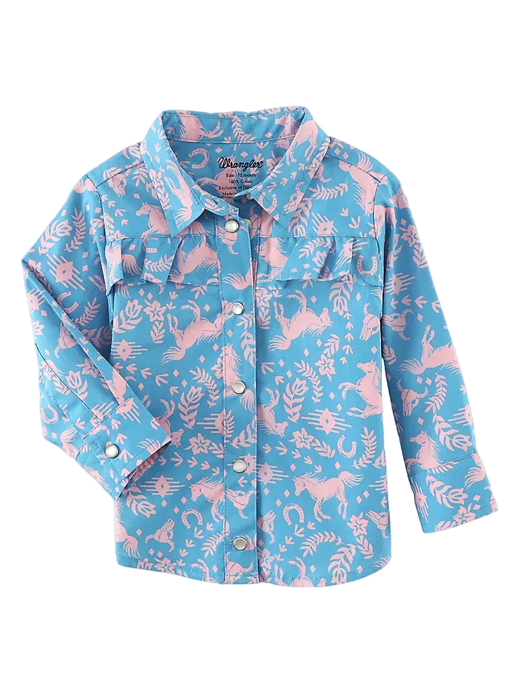 Wrangler Girl's Long Sleeve Horse Print Western Snap Shirt